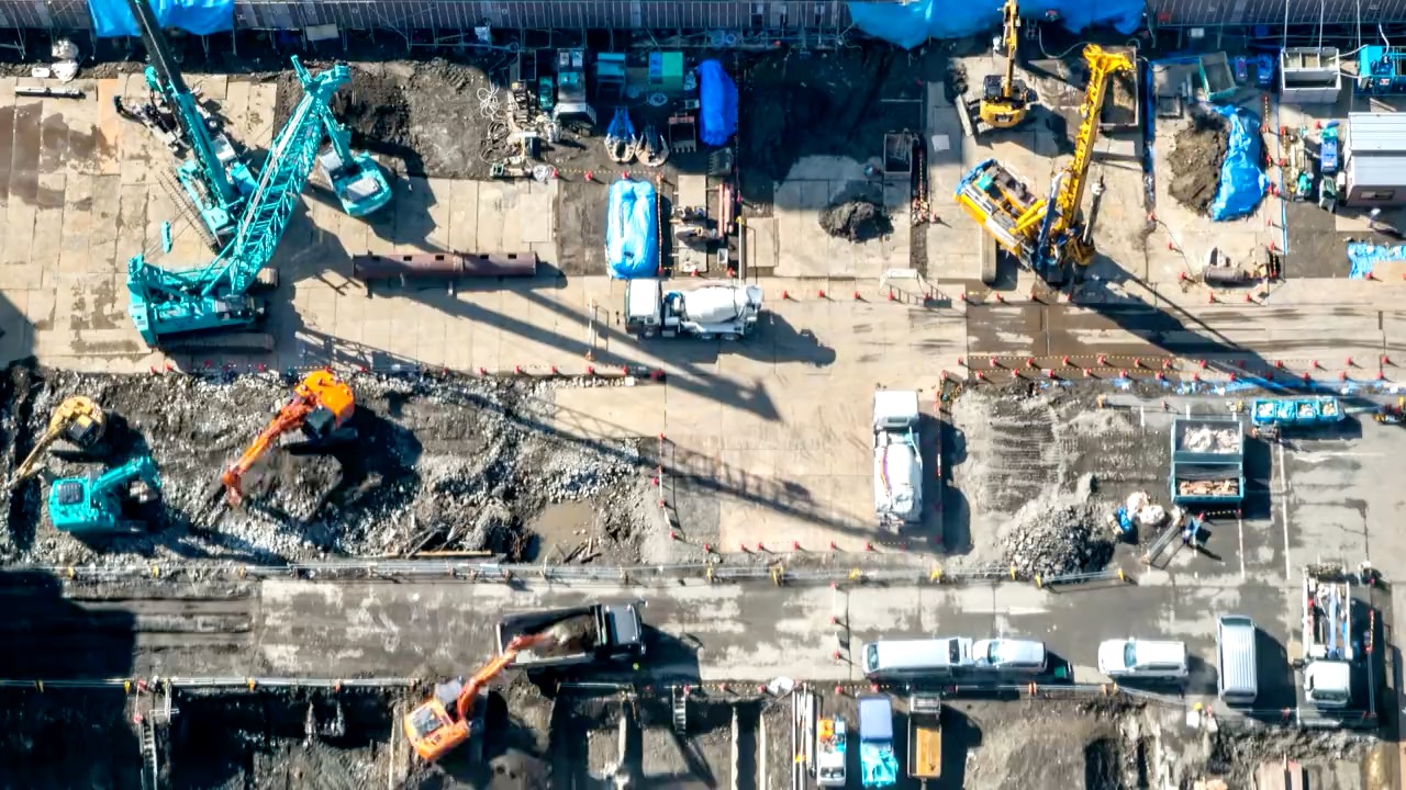 Construction project site with engineers